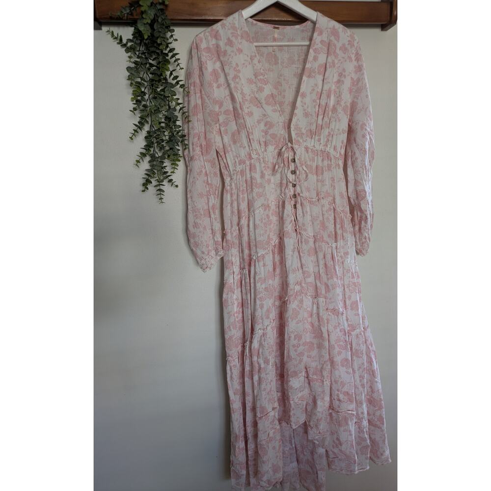 Free People Pappiet Midi Pink White Floral Boho VNeck Tiered Long Sleeve Dress - Picture 8 of 9
